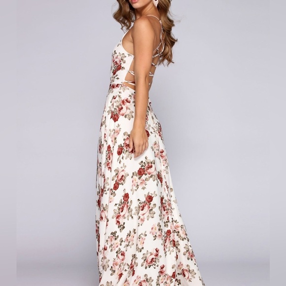 Windsor Krystal Floral Open Back Maxi Dress White Rose Mauve Pink Fall HOCO - Picture 2 of 8